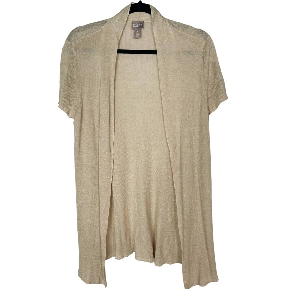 Chicos 1 Medium M Brown Short Sleeve Lightweight Open Front Cardigan Top Knit
